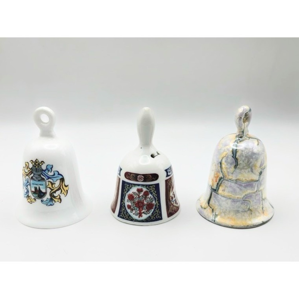 Vintage‎ 3 Porcelain Bell Lot Gerold Porzellan Bavaria Munchen Floral Marbleized